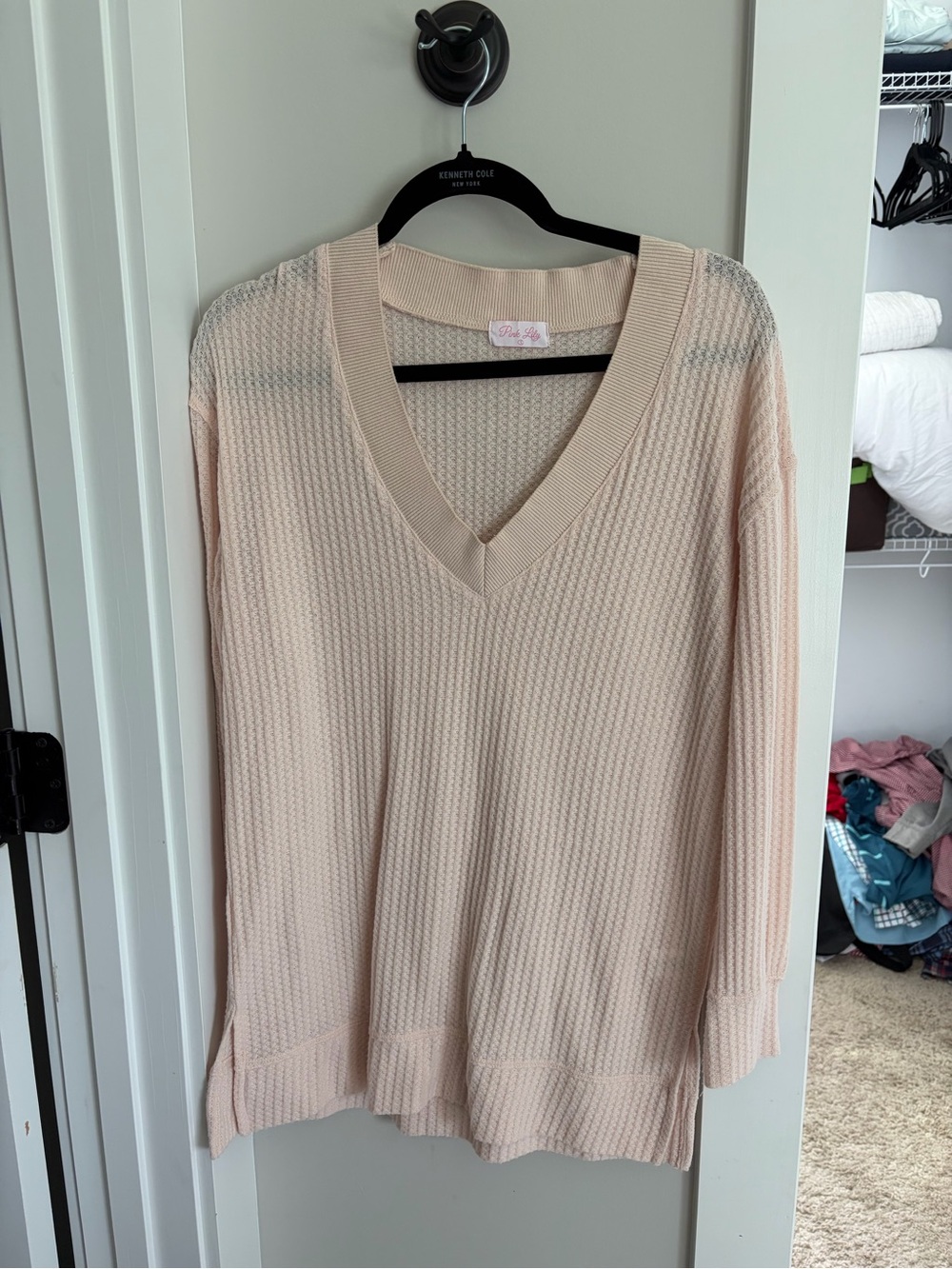 Pink Lily Pale Cream V-Neck Waffle Knit Sweater